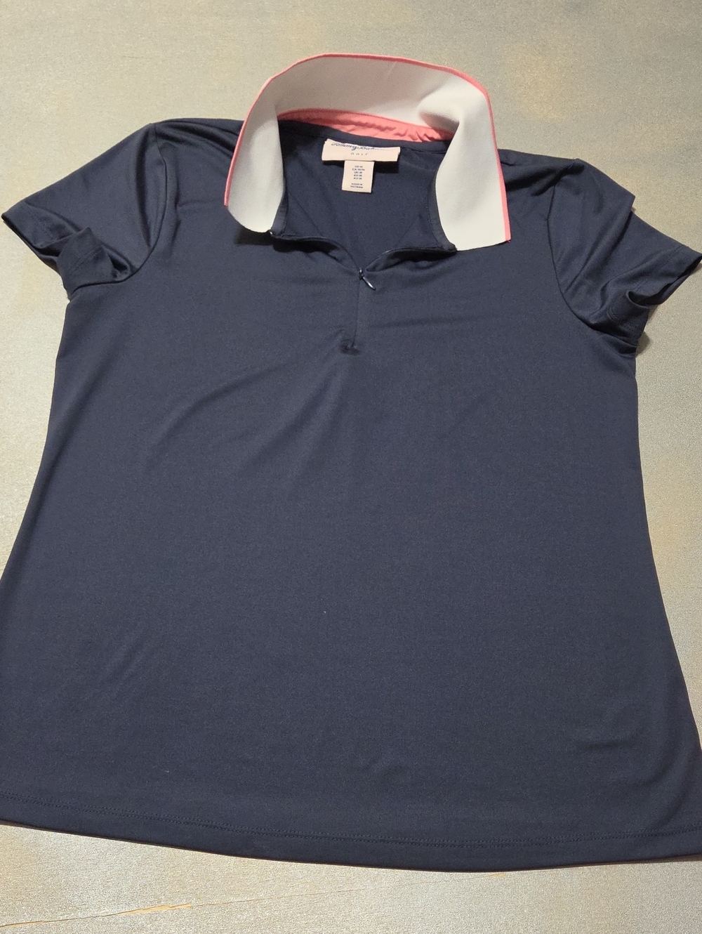 Tommy Bahama Navy Polo Top with White Collar and Pink Trim Nwots